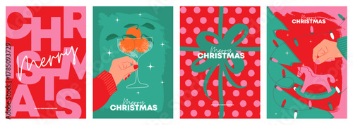 Merry Christmas and Happy New Year greeting card Set. Modern beautiful Xmas design with Christmas tree with horse toy, christmas present, bow, tangerines, and typography design. 