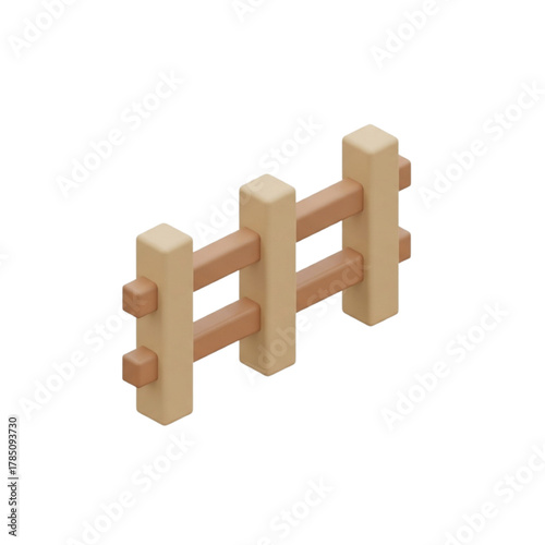 Isometric 3D wooden fence section, a simple and clean graphic representation of a boundary element