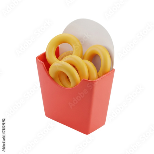 A vibrant 3D rendering of golden onion rings presented in a red container. This isolated fast food icon is ideal for a menu, website, or mobile application graphic