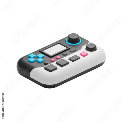 A futuristic concept of a portable music production station or game controller, showcasing a minimalist 3D design with vibrant control buttons and knobs