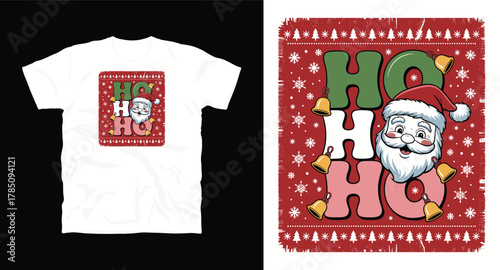 Ho ho ho groovy santa claus face with bells illustration for merry holidays winter season festive celebration apparel graphic trendy aesthetic vibe vector design