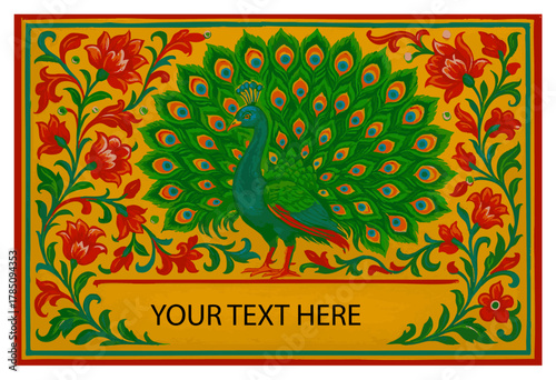 Vibrant Peacock Greeting Card in Pakistani Truck Art Style
