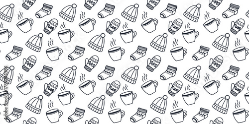 Seamless winter pattern with hand-drawn mugs, hats, and socks in  Scandinavian line art style. Perfect for Christmas wrapping paper, fabric, wallpaper, and seasonal crafts. Warm and charming 
