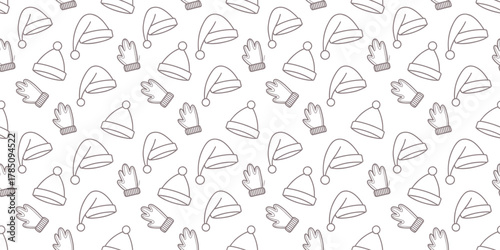  Winter Hat and Mitten Seamless Pattern Background – Hand Drawn Line Art Christmas Textile, Holiday Wrapping Paper, Fabric Design, and Warm Seasonal Illustration