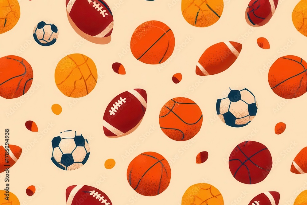 Naklejka premium Sports Balls Pattern Basketball, Football, Soccer, Background Design