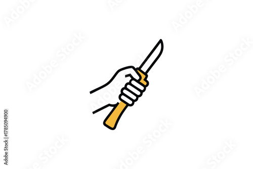 Colorful Outline Hand Holding Knife Icon Vector Illustration with Yellow Handle for Kitchen or Safety Graphics