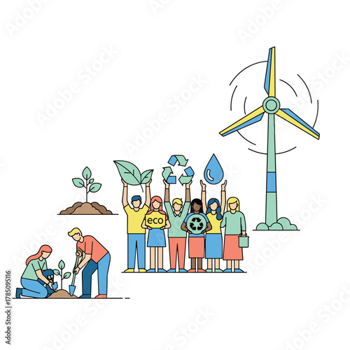 People planting trees, advocating for environmental protection, and renewable energy with a wind turbine.