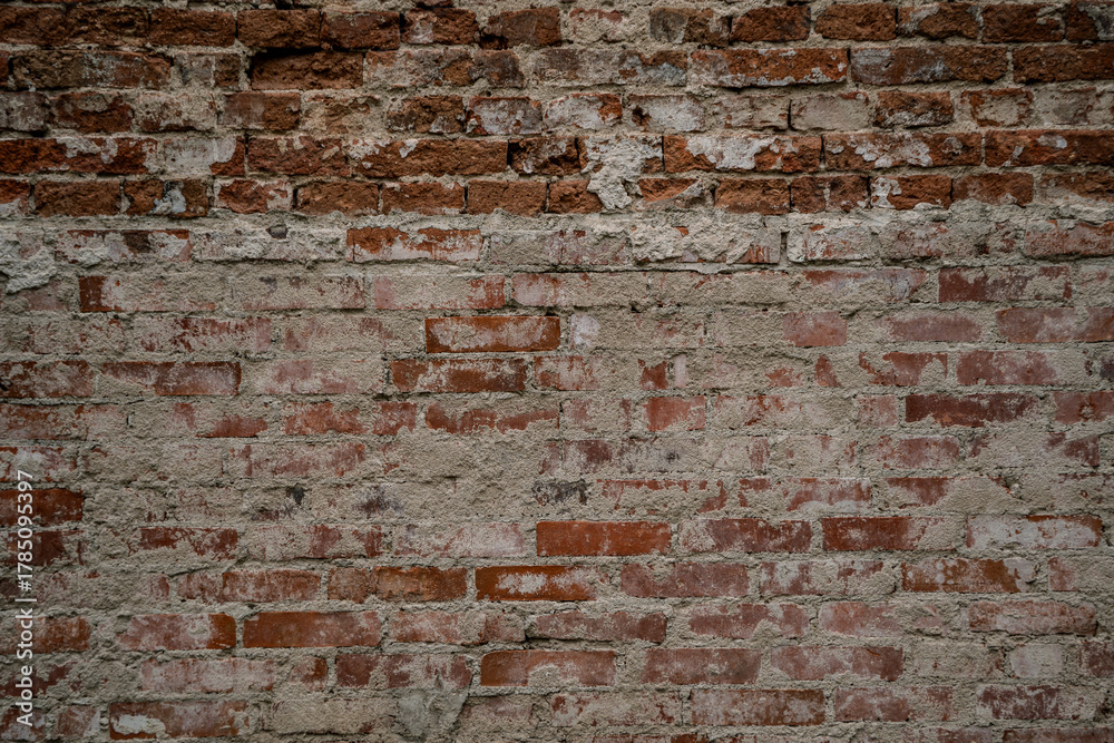 Fototapeta premium Stara ceglana ściana z odpadającym tynkiem – tekstura cegieł i zaprawy w naturalnych, ciepłych kolorach