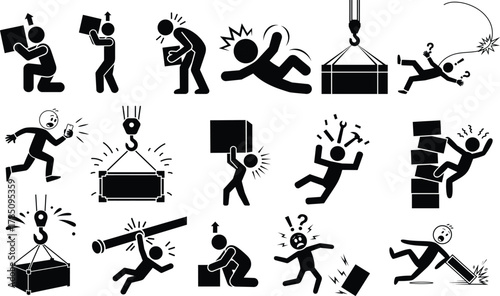 Common workplace safety hazards, accidents, and prevention icons.