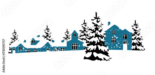 Christmas card with village houses and fir trees in the snow. Snowy Christmas landscape. Vector illustration.