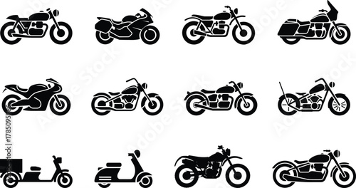 Motorcycle and scooter icons set, various bike silhouettes vector