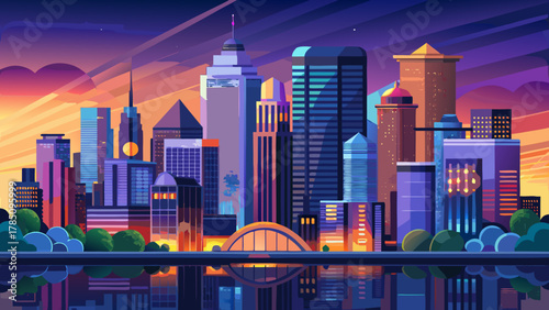 Very beautiful downtown skyline of Minneapolis, Minnesota, USA at dusk, featuring illuminated skyscrapers, soft twilight colors, reflective building surfaces, and a realistic vibrant urban evening atm