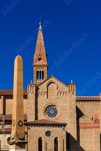 Medieval architecture in Florence. 13th century Church of St Maria Novella transept and romanesque gothic bell tower