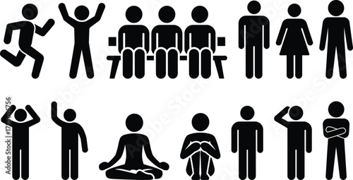 Diverse stick figure pictograms depicting various human actions