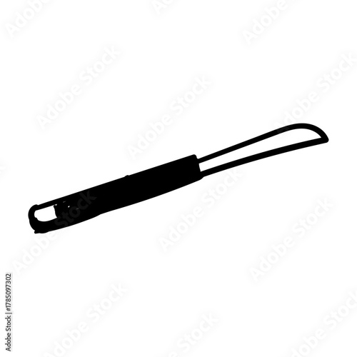 Simple illustration of a black-handled kitchen knife with a curved blade, suitable for food preparation