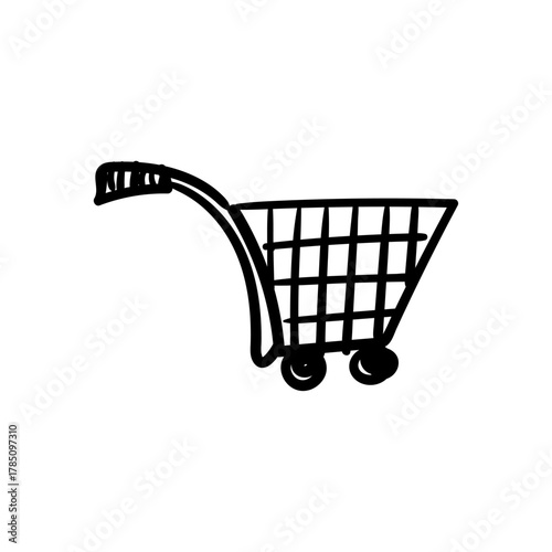 A simple hand-drawn illustration of a shopping cart, symbolizing commerce and retail activities and consumerism