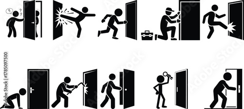 Door access, security, entry, exit, and repair stick figure icons