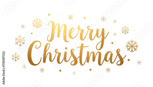 Gold “Merry Christmas” text with golden snowflakes on a black background.
