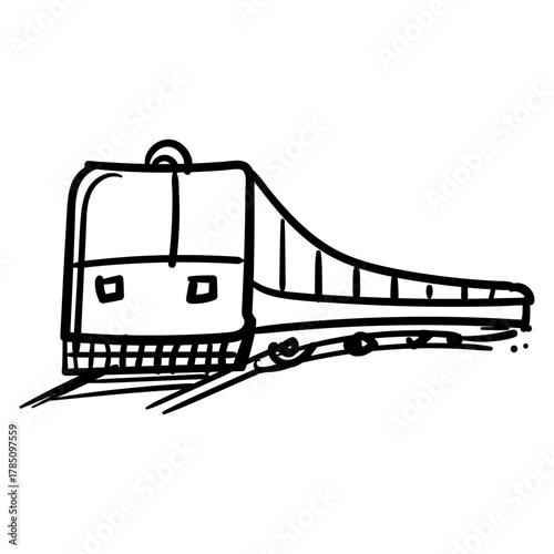 Stylized monochrome sketch of a modern passenger train moving swiftly along railway tracks