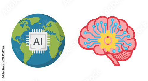 a globe with ai chip beside a brain illustration, vector illustration Isolated on white background