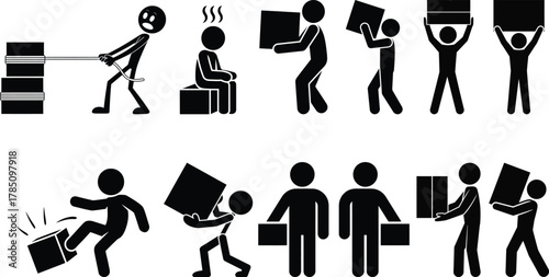 Stick figure pictograms illustrating box handling and work actions