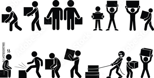Human stick figures moving and carrying boxes, different tasks.