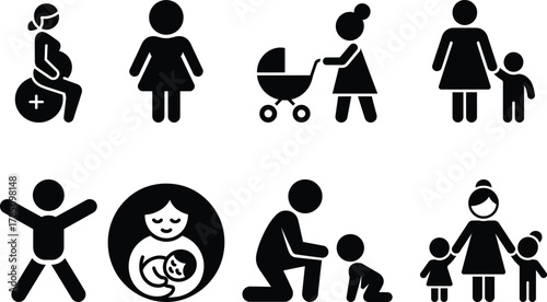 Family icons: pregnancy, newborn, toddler, child, mother, parent care