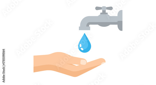 a hand catching a water drop from a faucet, vector illustration Isolated on white background