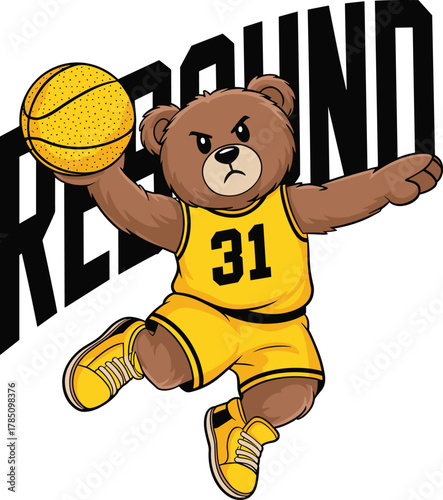 Cartoon bear playing basketball, sports action, dunk pose, mascot character, yellow uniform, rebound moment, fun design, animated style, energetic