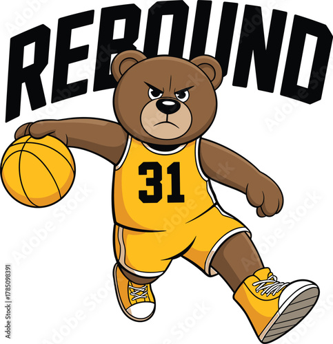 Cartoon bear dribbling basketball, sports action, yellow uniform, mascot character, rebound theme, energetic pose, fun design, animated style, determination