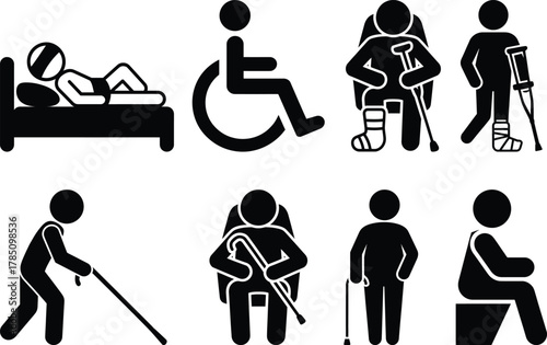 Health and disability stick figures set, medical assistance icons