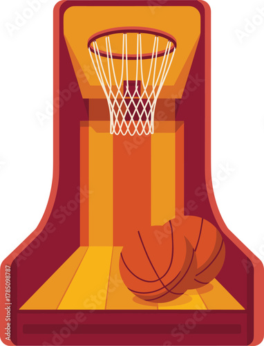 Arcade basketball, shooting game, sports entertainment, indoor activity, hoop challenge, recreation zone, amusement center, skill play, fun setup, sporty theme