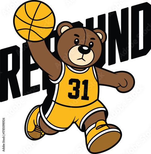 Cartoon bear slam dunk, basketball action, yellow uniform, mascot character, rebound theme, energetic pose, animated style, fun design, sports illustration