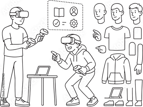 Virtual reality interaction and avatar customization with interchangeable parts, showcasing a comprehensive digital experience for gaming, learning, and metaverse exploration