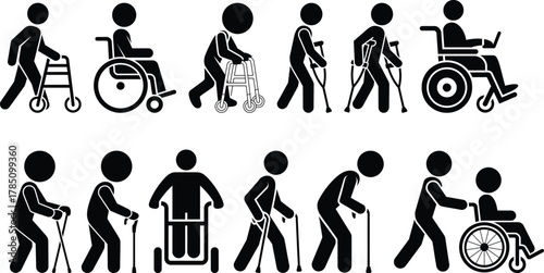 People with disabilities using various mobility aid icons set