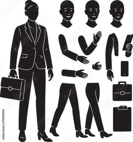 Businesswoman silhouette vector character kit. customizable female professional figure with interchangeable heads, arms, legs, briefcase. ideal for corporate, office, business designs.