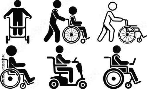 People with disabilities using various mobility aids icons set