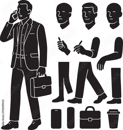 Businessman character builder kit. customizable professional figures, interchangeable parts: heads, expressions, arms, gestures, legs, accessories: phone, briefcase, coffee cup.