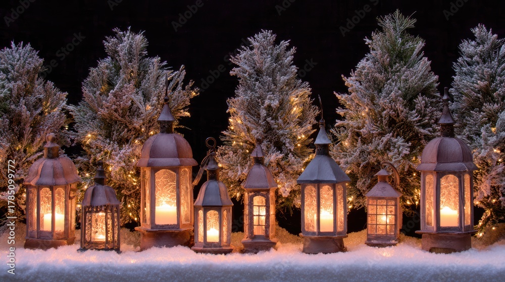 Fototapeta premium Peaceful night view of Christmas village with lights snow and warm glow inside.