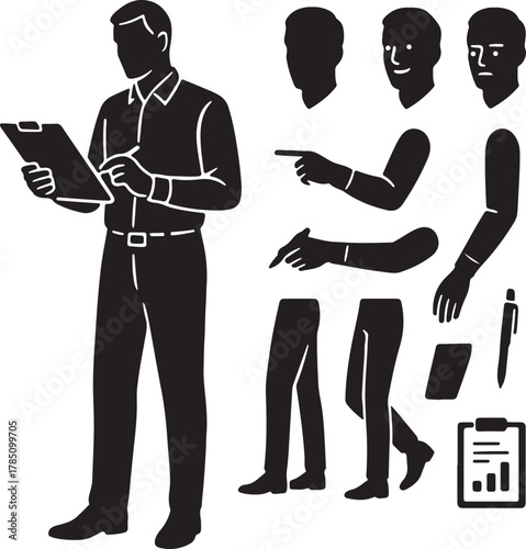 Customizable man character vector kit. silhouette elements: main figure with clipboard, heads, arms, legs. useful for business, presentation, and ui design applications.