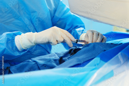 Vascular surgery. Modern operating room. Surgical interventions on blood vessels. Prevention of blood clots. Removal of blood clots. Concept of health care.