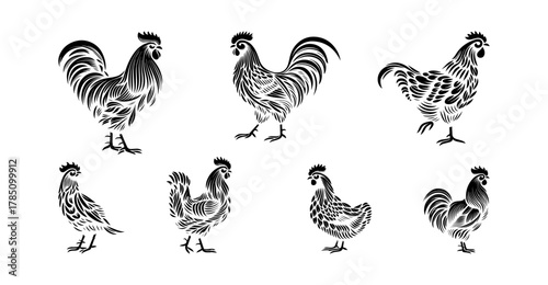 Stylized Black and White Rooster and Chicken Collection vector design