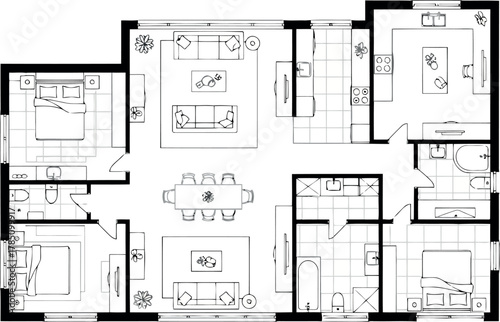 Floor plan of a house with living room, dining room, kitchen, and bedrooms