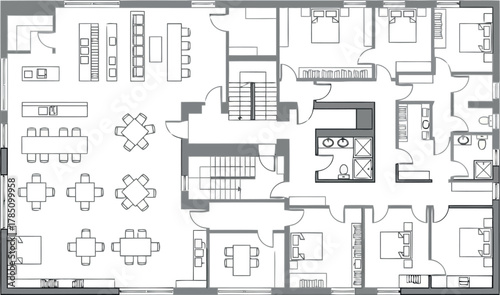 Architectural floor plan of a multistory building with distinct living, dining, and sleeping areas