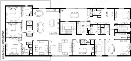 Floor plan of a large residential house with multiple bedrooms, living areas, and dining spaces
