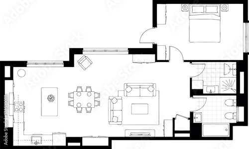 Floor plan of a modern apartment layout with living room, dining area, and bedroom