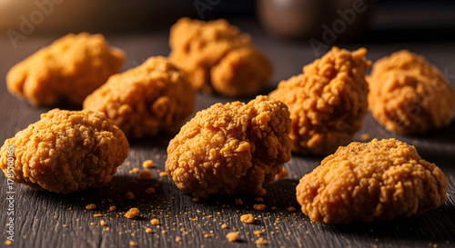 Fototapeta Naklejka Na Ścianę i Meble -  Fried chicken bites on wooden surface