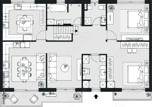 Modern apartment floor plan with living area, dining, kitchen, and bedrooms