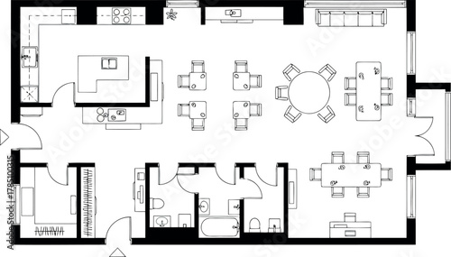 Openplan living space floor plan with kitchen, dining area, and lounge