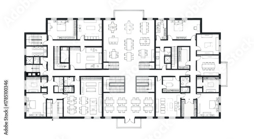 Detailed floor plan of a large residential building with multiple units and common areas